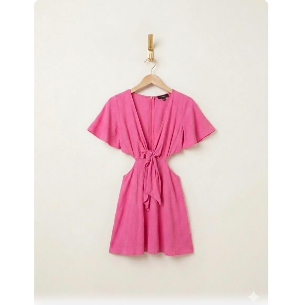 Lulus Pink Cutout Tie Front Mini Dress DI4559A Short Sleeve Linen Blend M